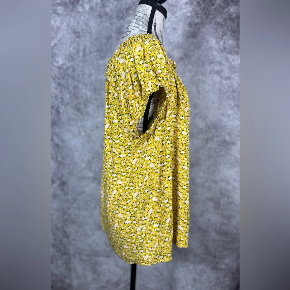 Old Navy Yellow Floral Cottagecore Peasant Blouse Tie Neck Rayon Top L